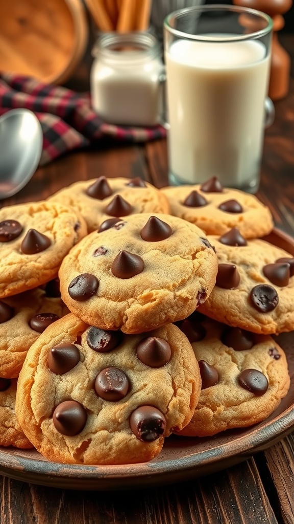 A plate of golden brown chocolate chip cookies with melted chocolate chips, next to a glass of milk.